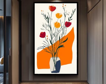 Minimalist Matisse Inspired Floral Vase Wall Art Print, Modern Abstract Flower Poster with Red and Yellow Blooms for Stylish Home Decor