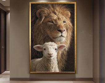 Lion and Lamb Canvas Wall Art Print – Symbolic Christian Decor for Living Room, Chapel or Office Inspiring Faith-Based Gift for Believers
