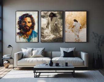 3 Piece Jesus Christ Wall Art – Walking on Water Miracle and Colorful Sacred Portrait for Christian Home, Church, and Prayer Room Jesus Art