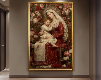 Vintage Madonna And Child Wall Art Catholic Canvas Print With Roses Holy Mother And Jesus Religious Home Decor In Red Embroidered Robe