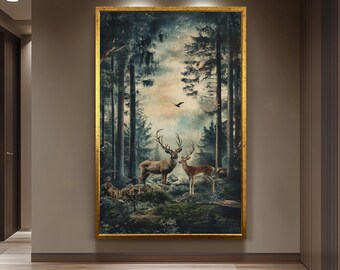 Mystical Forest Deer Artwork, Vintage Woodland Wall Art, Enchanted Nature Scene Print, Majestic Stag and Doe, Rustic Wildlife Home Decor
