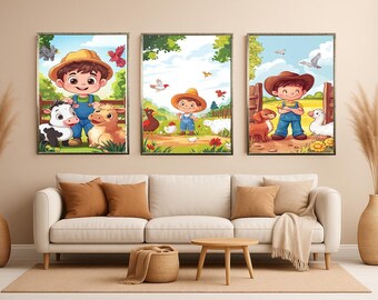3 Piece Farm Animal Wall Art Set Printable  Boy Farmer Nursery Decor Bundle for Kids Room  Baby Farm Animals Digital Download Poster