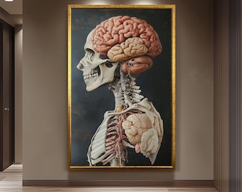 Surreal Human Anatomy Wall Art Featuring Brain Skull and Organs in Vintage Scientific Illustration Style for Medical Office or Science Decor