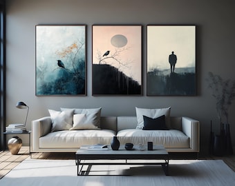Minimalist Crow Canvas Print Set: Moody Abstract Art, Set of 3