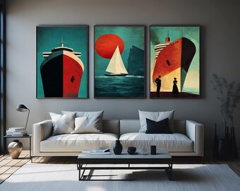 Nautical Ship Canvas Art Set Retro Ocean Wall Decor, Vintage Maritime Sailing Painting Prints For Coastal Living Room Or Beach House
