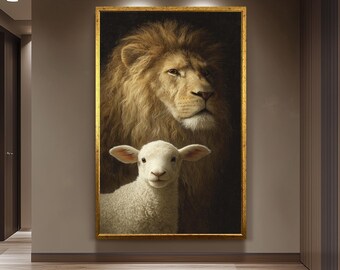 Lion and Lamb Canvas Wall Art Print – Symbolic Spiritual Artwork for Home, Church or Office Peaceful Christian Decor and Religious Gift Idea