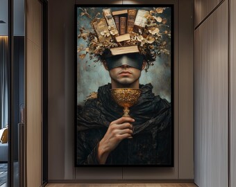 Dark Fantasy Wall Art of Blindfolded Man with Book Crown and Golden Chalice – Symbolic Canvas Print for Gothic Library or Study Decor