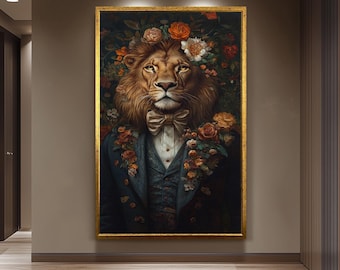 Floral Lion Portrait Print – Surreal Jungle King in Suit