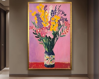 Colorful Floral Still Life Wall Art Print in Henri Matisse Inspired Style with Bold Yellow and Pink Flowers on Vibrant Pink Background