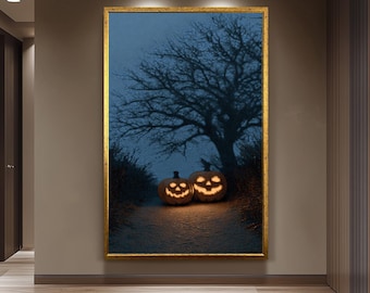Glowing Jack-O'-Lanterns On A Dark Misty Forest Trail Canvas Wall Art For Whimsical Halloween And Autumn Home Decoration Living Room Print