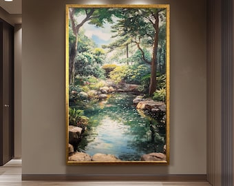 Vintage Garden Pond Canvas Wall Art – Water Reflection Nature Scene Print for Rustic Living Room or Office, Retro Botanical Decor Floral Art
