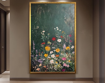 Dark Green Floral Wildflower Wall Art, Cottagecore Botanical Garden Painting, Rustic Country Style Wall Decor for Living Room or Bedroom