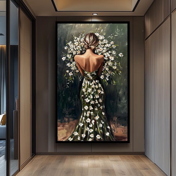 Floral Dress Art Print – Vintage-inspired Woman Portrait, Gallery Decor