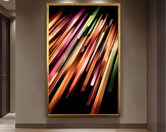 Vertical Neon Light Beams In Warm Gradient Colors On Black Canvas Wall Art For Modern Abstract And Contemporary Room Decor  Colorful Artwork