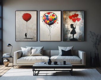 Balloon Themed Wall Art Set of 3, Modern Abstract Canvas Prints with Child Silhouettes and Heart Balloons for Whimsical Home Decor Woman Art
