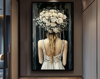 Romantic Surrealist Woman Wall Art with White Roses, Floral Hair Braid, Bridal Back View Canvas Print, Vintage Boho Dreamy Home Decor