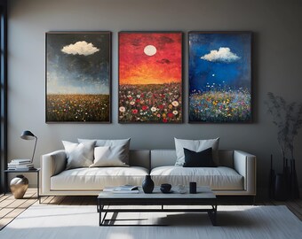 Wildflower Field and Cloud Landscape Wall Art Set of 3 – Colorful Nature Oil Paintings for Rustic and Modern Home Decor Landscape Artwork