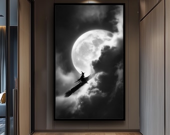 Witch Silhouette Flying on Broomstick in Front of Full Moon  Gothic Black and White Halloween Wall Art Print for Spooky Home Decor Color Art