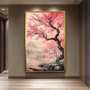 Japanese Cherry Blossom Painting, Tranquil Sakura Tree Art, Hand Painted Zen Landscape Canvas, Elegant Floral Wall Decor, Asian Nature Gift