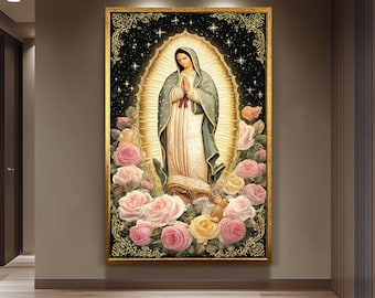 Our Lady Of Guadalupe Full Body Canvas Print With Angel Surrounded By Soft Roses And Golden Light On Starry Background Catholic Wall Art