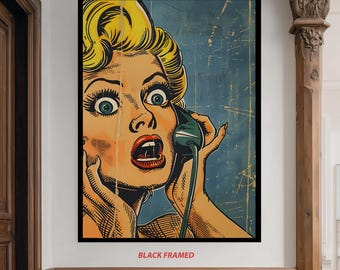 Retro Pop Art Canvas Print, Shocked Woman, Vintage Telephone