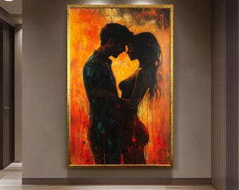 Romantic Couple Painting Wall Art, Passionate Lovers Silhouette Print, Abstract Love Artwork, Intimate Modern Decor, Sensual Bedroom Art