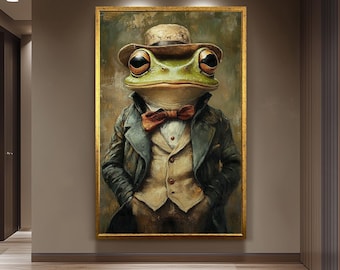 Vintage Style Frog Gentleman Wall Art Print – Surreal Amphibian Character in Waistcoat and Bow Tie – Whimsical Animal Portrait Decor