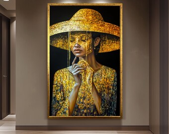 Golden Woman Wall Art, Luxury Black and Gold Painting, Female Portrait, Modern Glamour Canvas, Fashionable Wall Decor Gold Women art