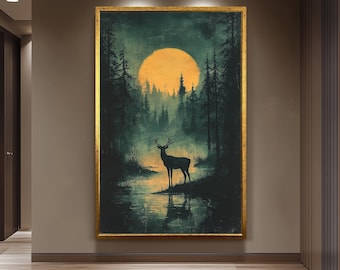 Mystical Deer in Moonlit Forest, Vintage Woodland Silhouette Art, Enchanted Nature Scene, Majestic Stag at Night, Rustic Wildlife Wall Decor