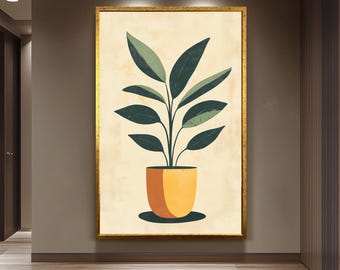 Mid Century Modern Plant Wall Art Print, Hand Drawn Green Leaf Illustration in Yellow Pot, Retro Botanical Poster for Home Decor Floral Art