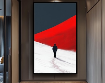 Minimalist Desert Walk Wall Art Solitary Figure in Red Dune Landscape Canvas Print, Bold Contrast Artwork for Modern Home or Office Décor