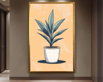 Hand Drawn Potted Plant Wall Art Print with Green Leaves on Peach Background, Modern Botanical Illustration for Cozy Home Decor Floral Print