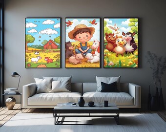 Farm Animal Kids Wall Art Set of 3 Prints for Nursery and Playroom, Cartoon Baby Farm Friends and Barnyard Scene Decor for Children Baby Art