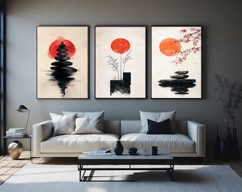 Japanese Zen Wall Art Set: Red Sun, Bamboo, Sakura Prints