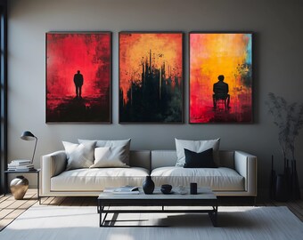 3 Piece Silhouette Wall Art Set, Modern Abstract Figures on Red Yellow Black Background, Bold Dramatic Canvas Prints for Home Decor Man Art