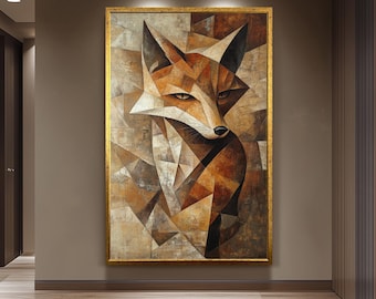 Cubist Fox Wall Art in Picasso Style – Abstract Geometric Animal Canvas Print with Earth Tones for Modern Rustic Home Decor Fox Wall Decor