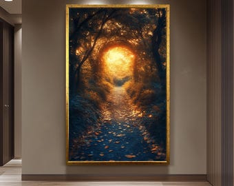 Enchanted Forest Pathway, Mystical Golden Light Artwork, Dreamy Woodland Scene, Fantasy Nature Wall Art, Magical Autumn Glow Print Nature