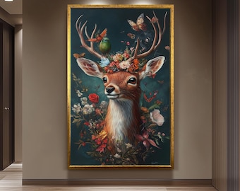Whimsical Floral Deer Portrait Canvas – Surreal Animal Wall Art with Birds, Butterflies, and Flowers for Nature and Fantasy Home Decor