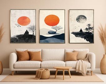 Zen Meditation Art Set: Japanese Sunset, Birds, Trees Canvas Prints