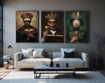 Blindfolded Royal Figures with Book Crowns and Golden Chalices Dark Academia Wall Art Print Set of 3 Gothic Vintage Decor Queen Wall Art
