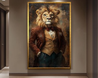 Distinguished Lion Wall Art Print  Surreal Animal Portrait in Vintage Suit and Bow Tie  Regal Jungle Gentleman Home Decor Lion Wall Decor