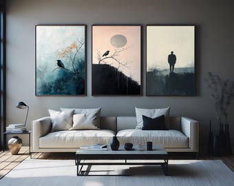Minimalist Crow Canvas Print Set of 3, Moody Black Bird Wall Art, Dark Nature Animal Decor, Gothic Raven Artwork for Modern Home Styling