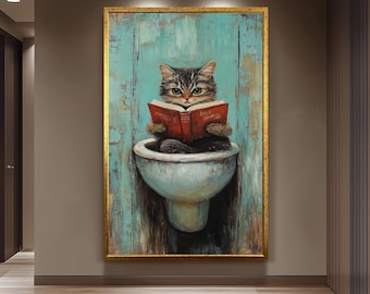 Funny Cat Bathroom Wall Art, Rustic Feline Reading Painting, Whimsical Toilet Humor Canvas Print, Vintage Toilet Decor,  Restroom Artwork