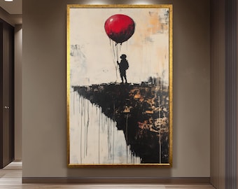 Surreal Banksy Style Wall Art Featuring Red Balloon and Child on Cliff Edge, Modern Urban Graffiti Canvas for Bold Home Décor Banksy Artwork