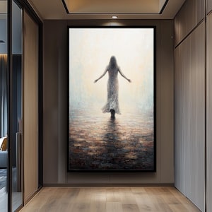 Impressionist Jesus Walking Toward Light Canvas Art, Abstract Spiritual Painting for Faith Based Christian Home or Prayer Room Decor