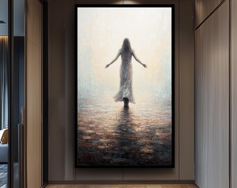 Impressionist Jesus Walking Toward Light Canvas Art, Abstract Spiritual Painting for Faith Based Christian Home or Prayer Room Decor