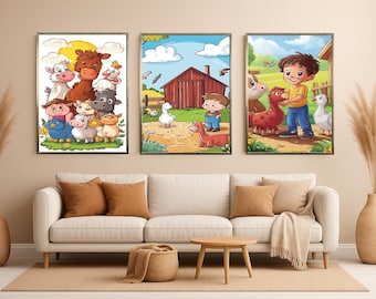 Farm Animals Wall Art Set of 3 Prints with Cartoon Boy Horse Duck Barnyard Theme Nursery Decor for Baby Kids Room Playroom Gift Color Canvas