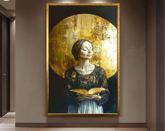 Golden Halo Woman Art - Elegant Black and Gold Portrait - Woman Wall Decor - Mystical Reading Book Woman Painting - Luxury Wall Art