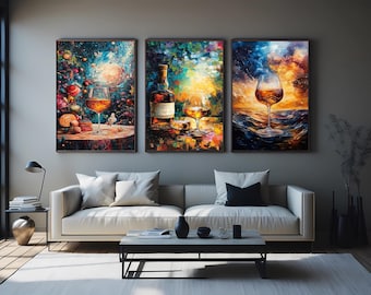 Abstract Wine & Whiskey Canvas Print Set, Modern Alcohol Bottle Wall Art, Stylish Bar Decor for Kitchen, Lounge, Dining Room or Home Bar