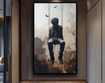 Surrealist Banksy-Style Street Art Print of a Man on Swing with Dark Abstract Mood, Urban Graffiti Inspired Modern Wall Decor Banksy Artwork